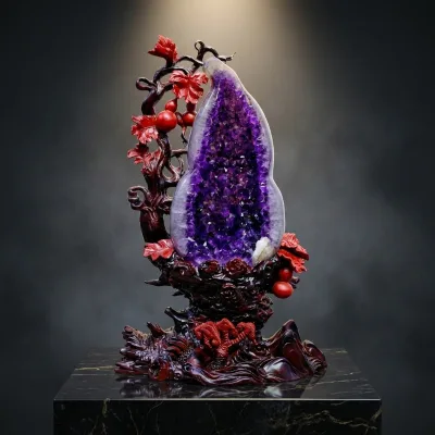 Wholesale Premium Natural Polished Amethyst Geode with DIY Hand-Carved Wooden Stand for Collectible Decoration and Gifts