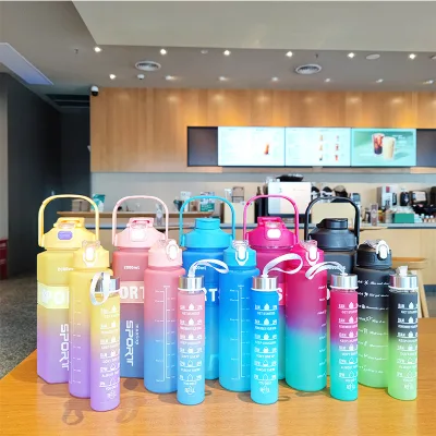 Large Capacity PET Gradient Three-piece Straw Water Cup Outdoor Sports Portable Carry Handle Cold Water Bottle