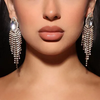 Handmade Luxury Bling Rhinestones Dangle Tassel Earrings Statement Crystal Drop Earrings Bridal Jewelry