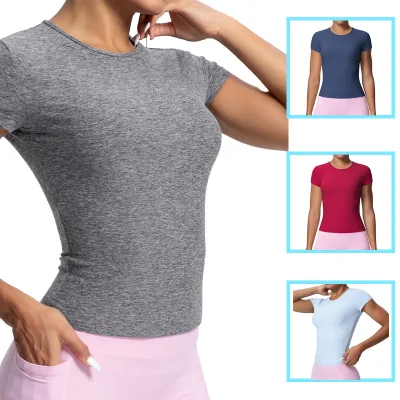 Women's Casual Workout T-Shirt Tops High Elastic Slim Breathable Yoga Wear Short Sleeve Sports Running Fitness Top