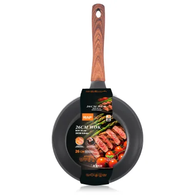 RAF R.5438 26cm Deep Wok for Stir Fry and Saute with Wood Grain Handle Non Stick Surface Composite Base for Most Hob Types Use