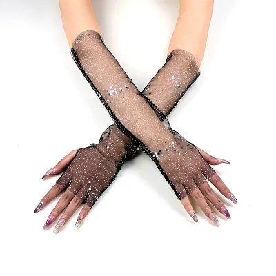 Hot Sale Fashion Items Lace Gloves with Transparent Fingerless Sleeves Breathable Mesh Sun protection Sequin Design for Women