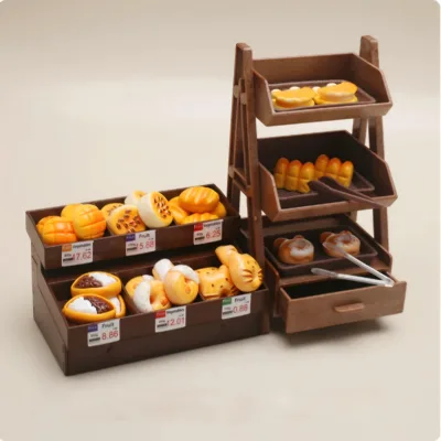 Mini Simulation Bread Cabinet Pretend Play Toy Set with 30pcs Bread, Plates & Tongs Kids Grocery Store Scene Brown