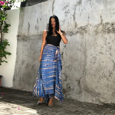 Bikini Sarong Collocation Boho Canvas Bag Cover up Rayon Tie Dye Print Front Logo Summer Beach 1 Piece Skirt Set