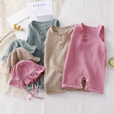 100% Cotton Summer Double-Layer Yarn Sleeveless Vest Set for Baby Boys Breathable Soft Button for Outdoor Climbing Adventures