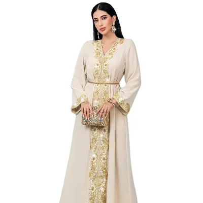 2024abaya Anti-Static New Apricot V-Neck A-Line Dress Gold Lace Rice Bead Embroidery Polyester Fashionable Muslim Dress Autumn