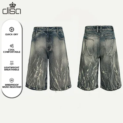 Men's Cowgirl Style Straight Jeans Shorts Lightning Pattern Embroidered Summer Knee-Length Casual Wide Leg Denim Outfit