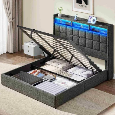Lift up King Size Bed Frame with Storage Upholstered King Bed Frame with Charging Station and LED Lights Headboard