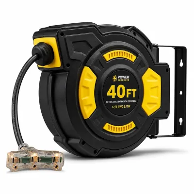 Shengan 40FT Retractable Extension Cord Reel 12/3 AWG SJTW Triple Tap Heavy Duty Power Reel for Workshop and Garage
