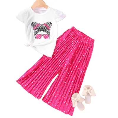 Cute Plaid Pattern Kids Summer Clothing Set Casual Short Sleeve T-Shirt Wide Leg Long Pants Baby Girls Aged 6-7 Years