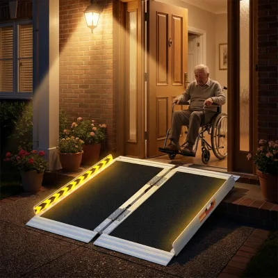 24inch Portable Aluminum Wheelchair Ramp-Non-Skid Folding Handle Home Use for Stairs/Doorways (2-6 Inches) Black/Silver