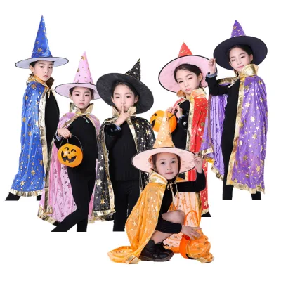 Hot Sale Multi Colors Star Print Kids Cape Hat Set for Halloween Kids Boys Girls Halloween Cloak Costume