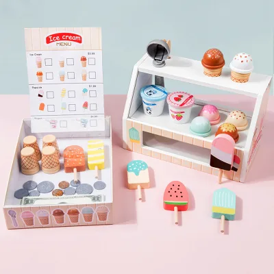 Kids Pretend Ice Cream Shop Role Playing Class Cashier Kids Toys Interactive Kitchen Wooden Toys Play Kitchen Accessories