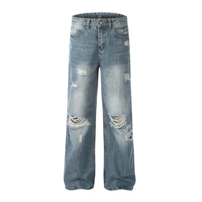 Custom Mens Heavy Distressed Wide Leg Jeans Light Blue Vintage Wash Denim Knee Blowout Frayed Straight Relaxed