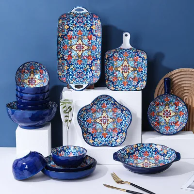 Creative Ceramic Tableware Bohemian Printed Rice Bowl Handle Plate Household High Quality Ceramic Tableware Set