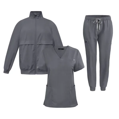 Unisex Three-Piece V-Neck Scrub Suit Custom Printed Hospital Clothing Long High Rayon Spandex Doctors Nurses OEM Beauty Salons