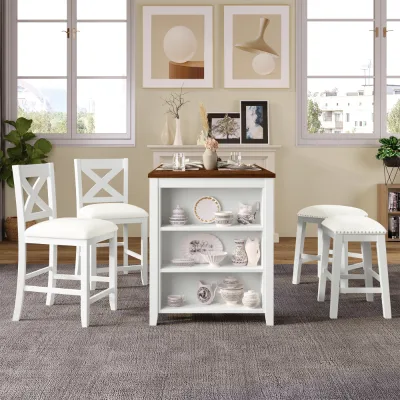 5 Pieces Counter Height Rustic Farmhouse Dining Room Wooden Bar Table Set with 2 stools and 2 Chairs
