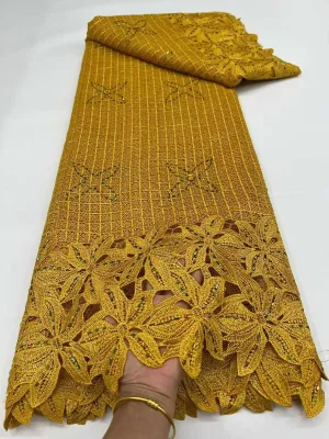Golden Lace Fabric Luxury High Quality Water Soluble Border Guipure Cord Lace Fabric Eco-Friendly Rhinestones for Garment