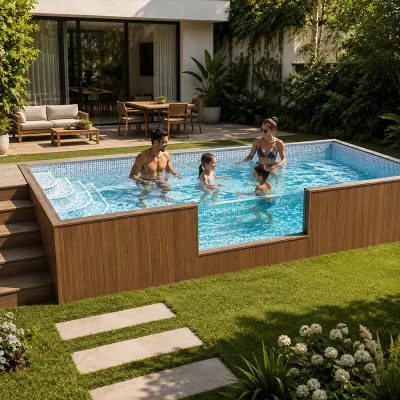 Modern 20ft 40ft Large Swim Spa Jacuzzi Durable Composite Resort Mosaic Tiles Above Ground Fiberglass Container Swimming Pool
