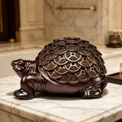 Ebony Traditional Carved Money Turtle Ornament Wooden Tortoise Craft Gift for Home Office Living Room & Entrance Decor