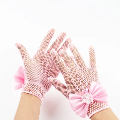 Flower Girl Lace Short Wrist Length Princess Gloves for Little Girls with Bow Tie Fish Net Design Wedding Party Decor Use