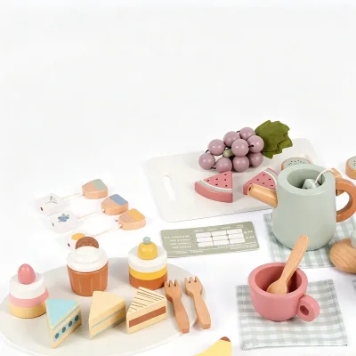 Montessori Wooden Tea Party Set Kids Pretend Play Kitchen Toy With Cakes Fruits Educational Play set for Girls