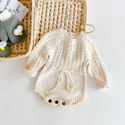 High Quality Spring Autumn Baby Knitted Hollow Waistband Triangle Fart Bodysuit Climbing Suit Solid Organic Cotton Baby Romper