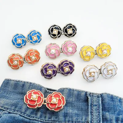 PDANY Wholesale High Quality Metal Flower Pearl Waist Buckle Camellia Decorative Adjust Jeans Buttons
