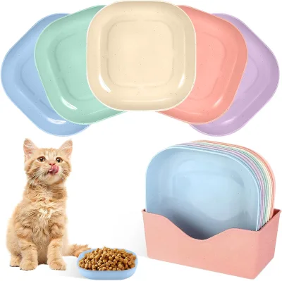 10Pcs Plastic Cat Small Dog Food Feeding Bowls Anti-Slip Base Multicolor for Fatigue Free Wet/Dry Food Square Shallow Bowl