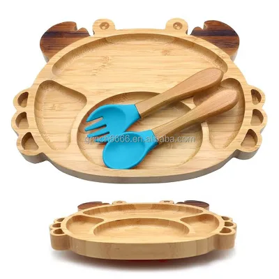 Crab Bamboo Plate for Babies and Toddlers Bamboo Kids Plate with Suction Cup Spoon and Fork Plate with Strong Suction