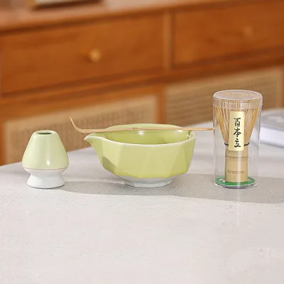 New Design Match Bowl Set 100 Prong Chasen Bamboo Spoon and Handmade Holder Traditional Home Matcha 4 Pieces Set