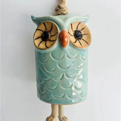 Ceramic Blue Cute Owl Wind Chime; Ceramic Wind Chime Animal Garden Wind Chime