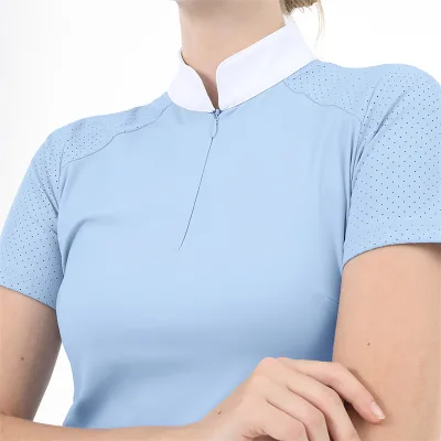 Light Blue Seamless Half-Zip Equestrian Sports Shirt with Stand Collar Short Sleeve Mesh Fabric Factory Best Seller