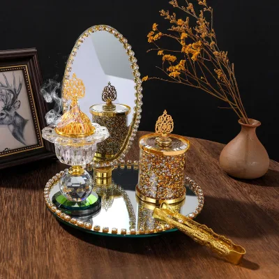 Holy Flight Luxury Makeup Mirror-Style Arabic Incense Burner Set with Iron Gold Accents Middle Eastern Candlestick Decoration