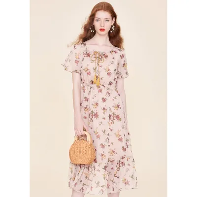 Short Sleeved Irregular pink Chiffon Dress
