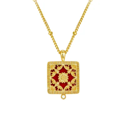 925 Silver Fine Chain Necklace Exquisite Double-Sided Red Agate Niche Window Flower Pendant New Chinese National Style Jewelry