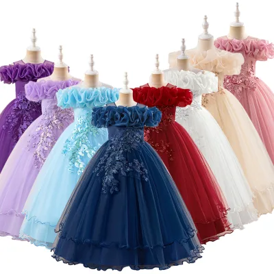 Hot Selling Girls Formal Beaded Floral Off Shoulder Ball Gown Wedding Party Dress for Children 8 Years Old Girls