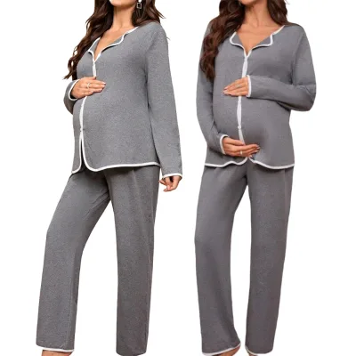 ODM OEM Women Soft Knit Cotton Maternity Pajamas Set V-Neck Contrast White Trim Button Front Easy Nursing Long Sleeve Top Pants