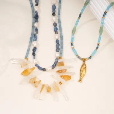 New Style Natural Stone Starfish Conch Shape Pendant Necklace Stainless Steel Pendant Necklace for Women Beach Jewelry