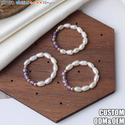 Vintage Elastic String Rice-shaped Natural Freshwater Pearl Ring Crystal & 14K Gold Plated Beads Accents Finger Rings Jewelry