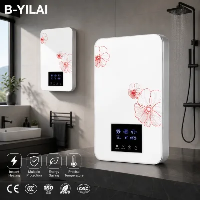 B-YILAI Red Floral Pattern Instant Electric Water Heater 8800W Vertical Tankless Smart Shower for Luxury Bathroom