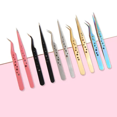 Eyelash Tweezers Pink Box Packing Isolation Private Label Fiber Tip Pointed Volume Lash Tweezers