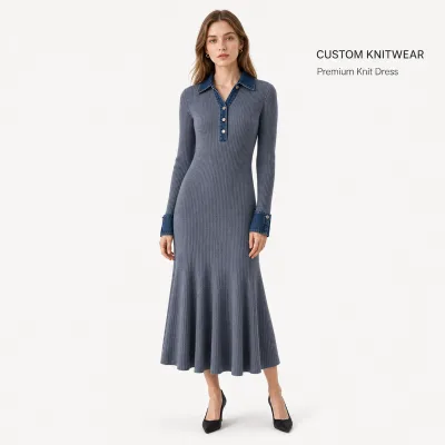 Custom Womens Grey Rib Knit Polo Collar Midi Dress Long Sleeve Denim Trim Wholesale Sweater Dress