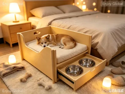 Solid Wood Dog Bed With Pull Out Drawer Stainless Steel Food Bowls Soft Cushion Indoor Wooden Pet House for Small Medium Dogs