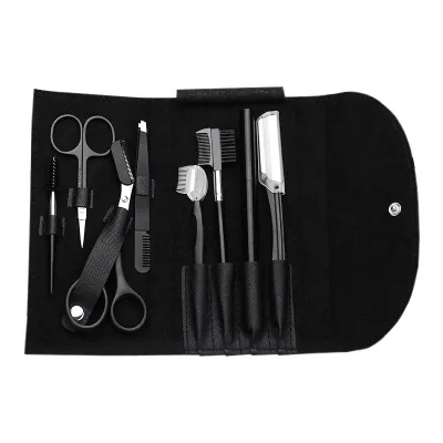 Premium Quality Eyebrow Scissors Kit Eyebrow Tweezers With Buckle Leather Pouch Pack of 8 Makeup Tools