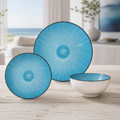 Vibrant Cerulean Blue Starburst Ceramic Dinnerware Set 18pcs Radial Porcelain Plate Bowl Set for Coastal Kitchen