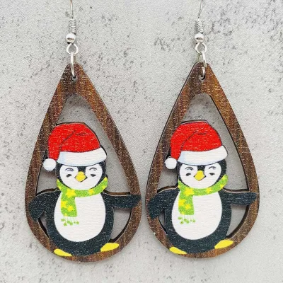 Hot Fashion Jewelry Ornaments Christmas Tree Santa Snowman Printed Wooden Earrings