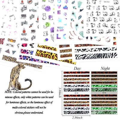 Super glow in the dark leopard fashion&cute cat nail sticker 12 style for nail art