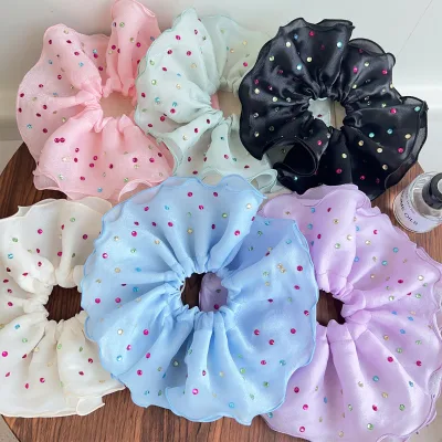 Women Fashion Design Large Double Layer Organza Hair Tie Elastic Colored Rhinestone Ruffle Hair Scrunchies