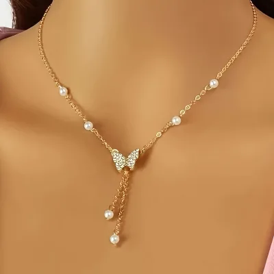 Wholesale 925 Sterling Silver Butterfly Pendant Zirconia Pearl Tassel Fashionable Personalized Collarbone Link Jewelry Trendy